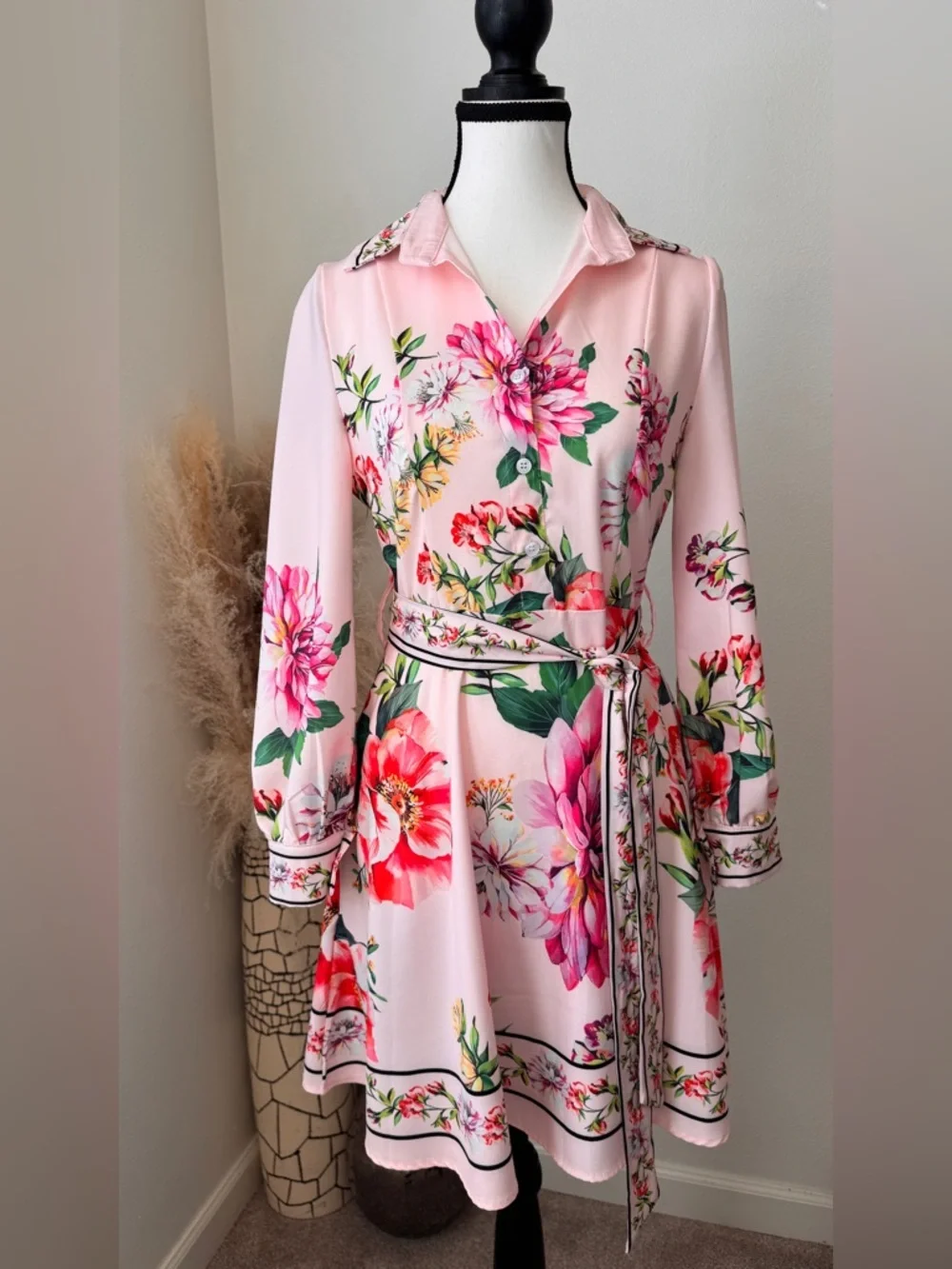 DALIA MACPHEE Pink Floral Long-Sleeve Shirt Dress with Tie Waist - S - Picture 1 of 8
